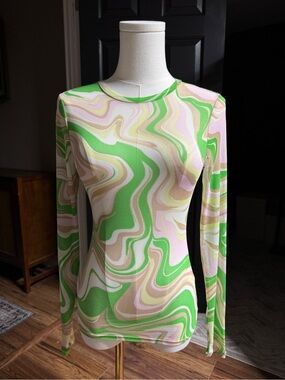 {AFRM} Neon Green Marble Swirl Pattern Sheer See Through Long Sleeve Top WSH9